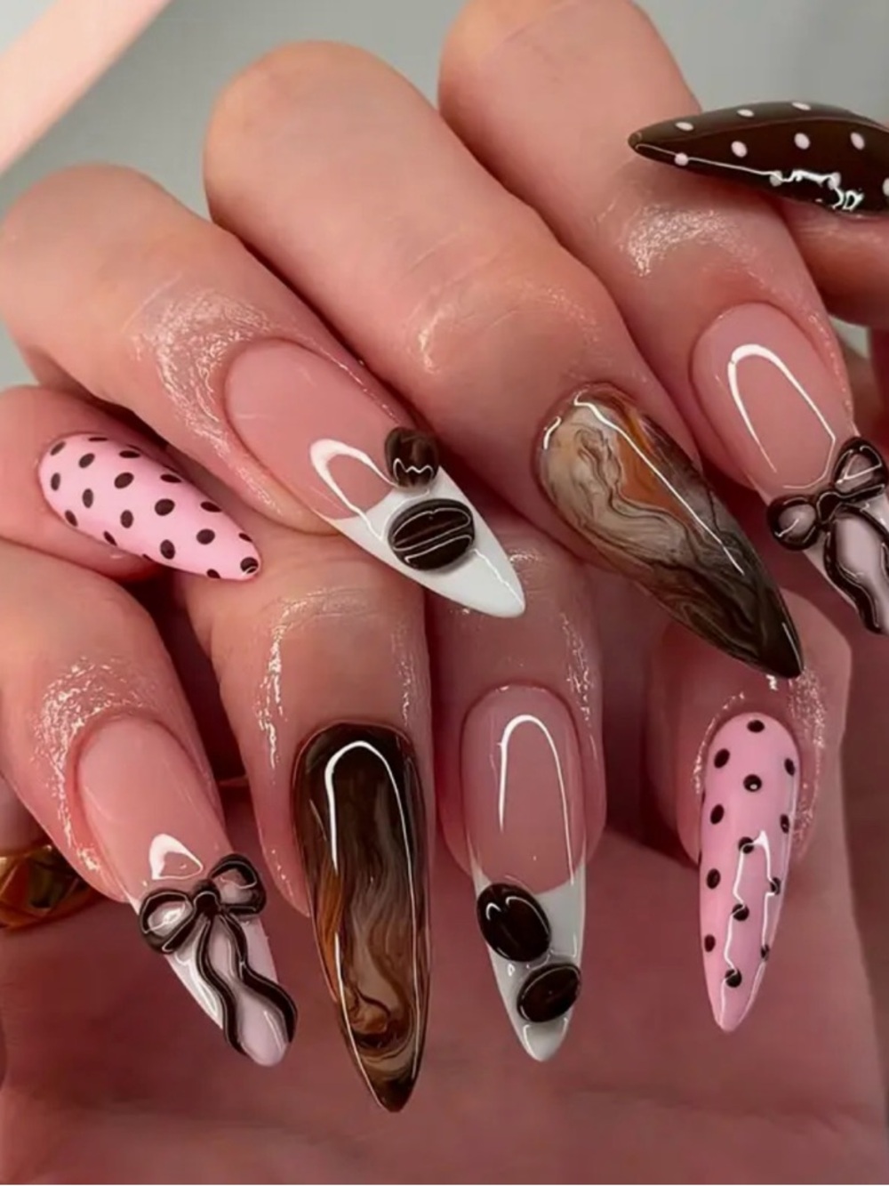 24 pcs per set  Brown and pink press on Nail Art Set - Women Makeup